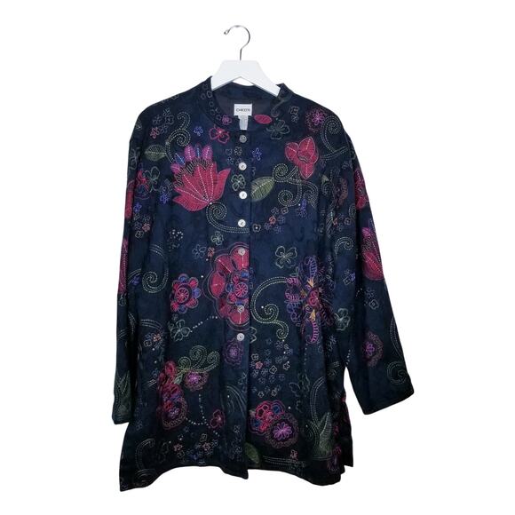 CHICO'S Bali Night Black Floral Embroidered Sarah Jacket Artsy Chico's 3 (XL) 16 - Picture 1 of 10